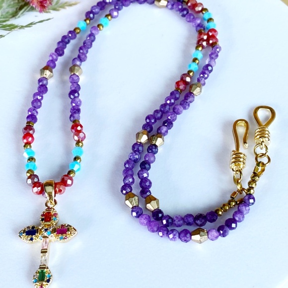 Purple Chalcedony with Austrian Crystals Christian Cross Necklace - Picture 9 of 11